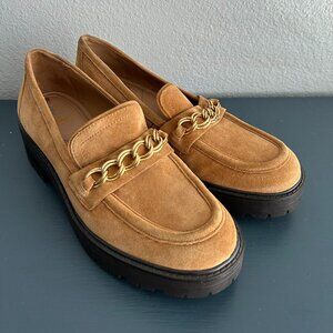 Sam Edelman Womans 8M EU38 Taelor Camel Tan Suede Chunky Loafers Chain Detail